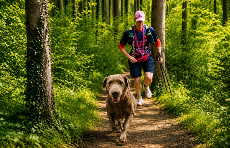 Christoph Biegel läuft im Wald, im Vordergrund ist sein Hund zu sehen, der vor ihm mitläuft